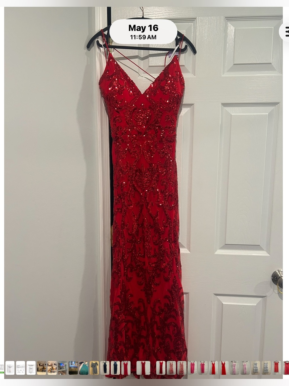 Red Beaded Evening Gown - Elegant V-Neck Spaghetti Strap Dress